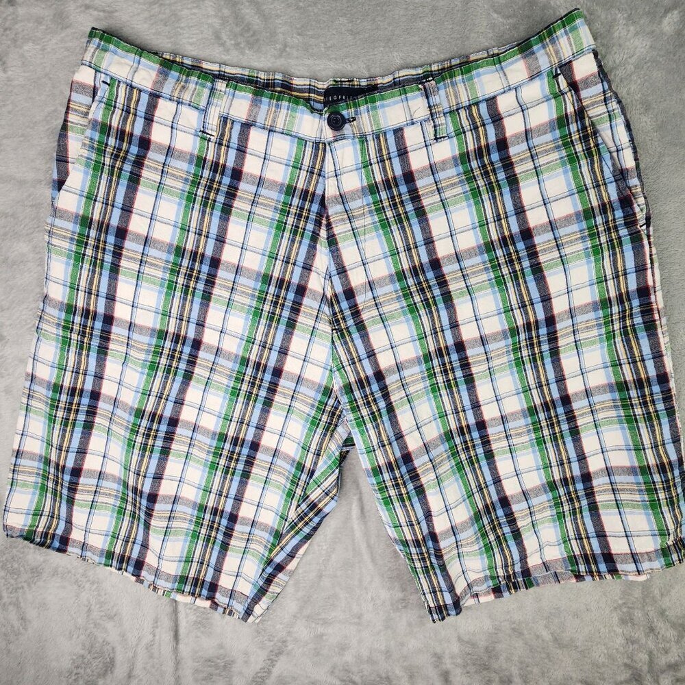 Plaid Linen Shorts Mens 42 Waist Blue Bermuda Cotton Linen Preppy Golf Resort
